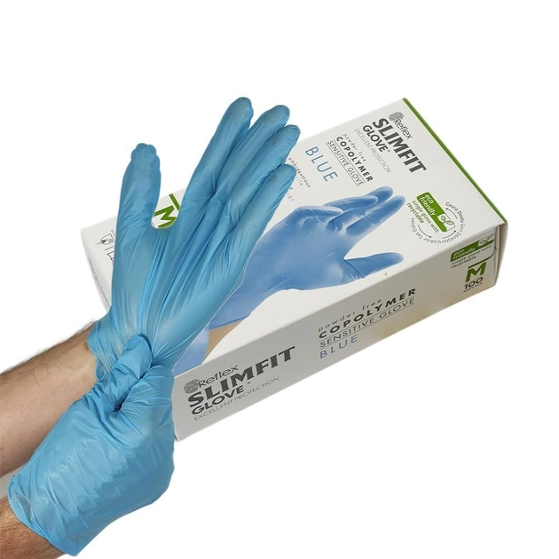 Одноразовые перчатки Slimfit,TPE, голубой, М, 100 шт Reflex - зображення 1