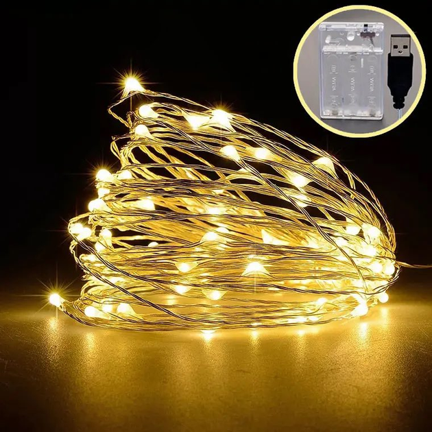 Гирлянда на батарейках и USB LedGO Роса, 10 м, 100LED, серебряный ...