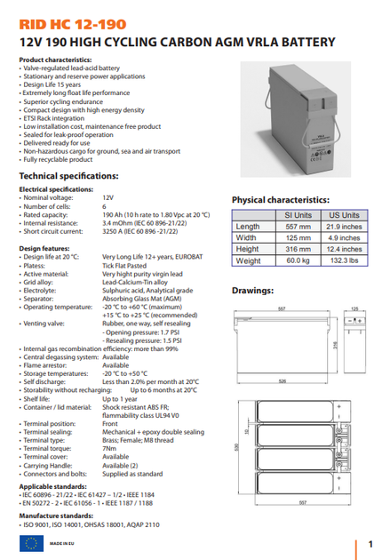 Акумуляторна батарея для ДБЖ RID HC 12V 190Ah (RID HC 12-190) - Фото 3 Акумуляторна батарея для ДБЖ RID HC 12V 190Ah (RID HC 12-190) - зображення 3