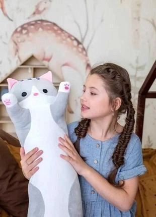 Детская мягкая плюшевая длинная игрушка подушка обнимашка антистресс кот Батон 90 см (475331-Prob) Серая - изображение 5