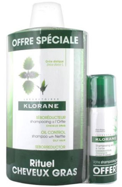 Zestaw Klorane Seborregulating Shampoo Ortie 400 ml + Dry Shampoo Ortie 500 ml (3282779327732) - obraz 1
