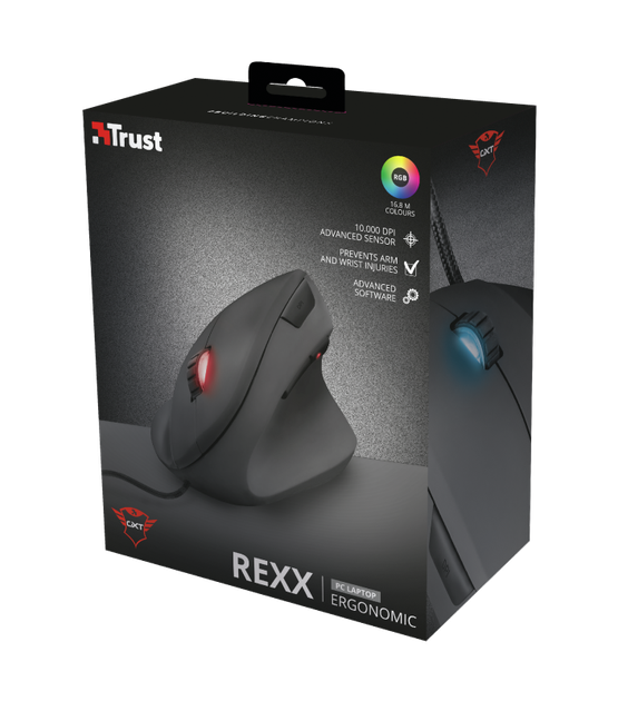 Мышь Trust GXT 144 Rexx Ergonomic Vertical Gaming, Black, USB, оптическая, 250 - 10000 dpi, 6 программируемых кнопок, настраиваемая цветная подсветка RGB, 1.8 м (22991) - изображение 9