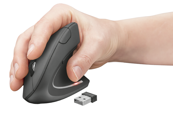 Мышь беспроводная Trust Verto Ergonomic, Black, USB (2.4GHz), оптическая, 800/1200/1600 dpi, 6 кнопок, в эргономичном вертикальном исполнении, гнездо для хранения микроприемника 2xAAA (22879) - изображение 2
