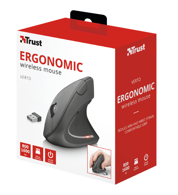 Мышь беспроводная Trust Verto Ergonomic, Black, USB (2.4GHz), оптическая, 800/1200/1600 dpi, 6 кнопок, в эргономичном вертикальном исполнении, гнездо для хранения микроприемника 2xAAA (22879) - изображение 6