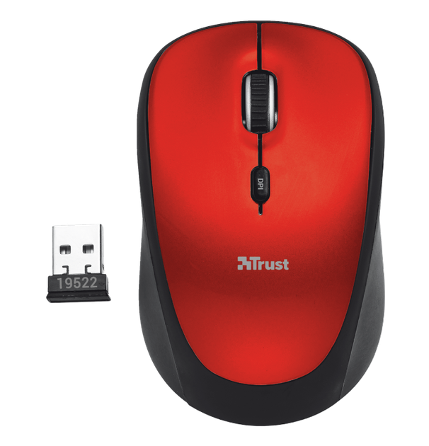 Мышь беспроводная Trust Yvi, Red/Black, оптическая, 800/1600 dpi, 4 кнопки, гнездо для хранения приемника USB, 1xAA (19522) - изображение 2