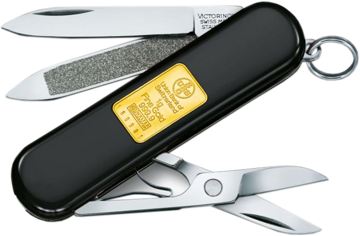 Коллекционный швейцарский нож Victorinox Classic Gold Ingot с золотым слитком 999 проба 1 г Черный (0.6203.87) - изображение 1