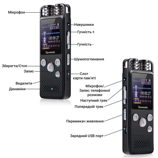 Професійний цифровий диктофон для журналіста Savetek GS-R07, 32 Гб пам'яті (100643) - зображення 5