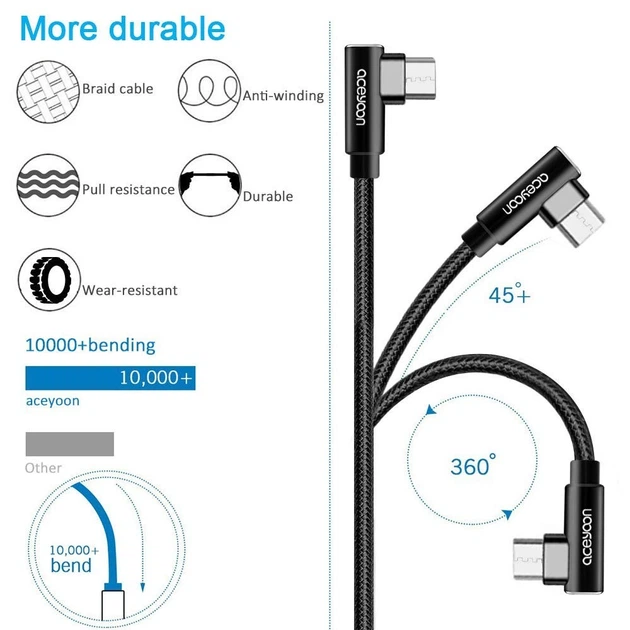 Кабель aceyoon Type A to Type-C USB2.0, 2.4A, 0.18м чорний - зображення 3