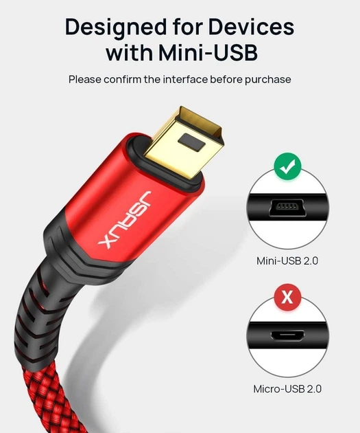 Кабель JSAUX USB Type A to miniUSB USB2.0 1м красный - Фото 2 Кабель JSAUX USB Type A to miniUSB USB2.0 1м красный - изображение 2