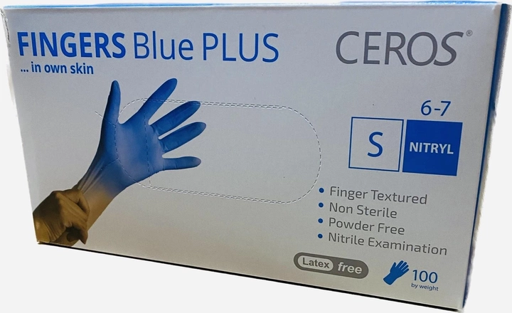 Нітрилові рукавички міцні 5 грам CEROS Fingers Blue PLUS розмір S 100 шт/уп - изображение 1