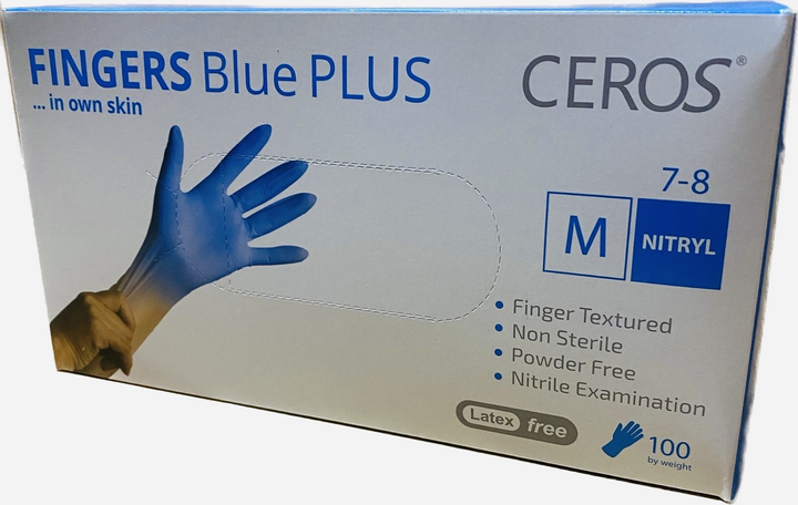 Нітрилові рукавички міцні 5 грам CEROS Fingers Blue PLUS розмір M 100 шт/уп - изображение 1