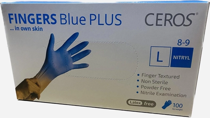 Нітрилові рукавички міцні 5 грам CEROS Fingers Blue PLUS розмір 100 шт/уп L - зображення 1