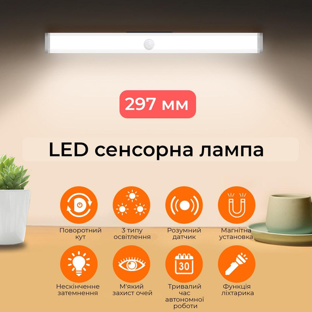 Светодиодная лампа с датчиком движения 29,7х2,5 см Sticker Wall (2000002625872) - изображение 1