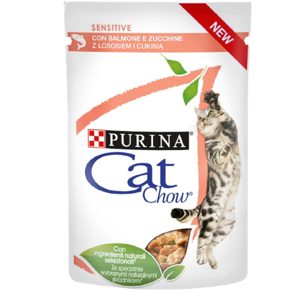 Mokra karma dla kotów Purina Cat Chow Sensitive z lososiem i cukinia w sosie 85 g (7613037025521) - obraz 1