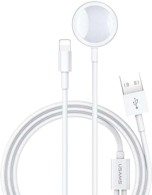 Індуктивний зарядний пристрій Usams для Apple Watch + кабель lightning 2 в 1 Білий (6958444968070) - зображення 1