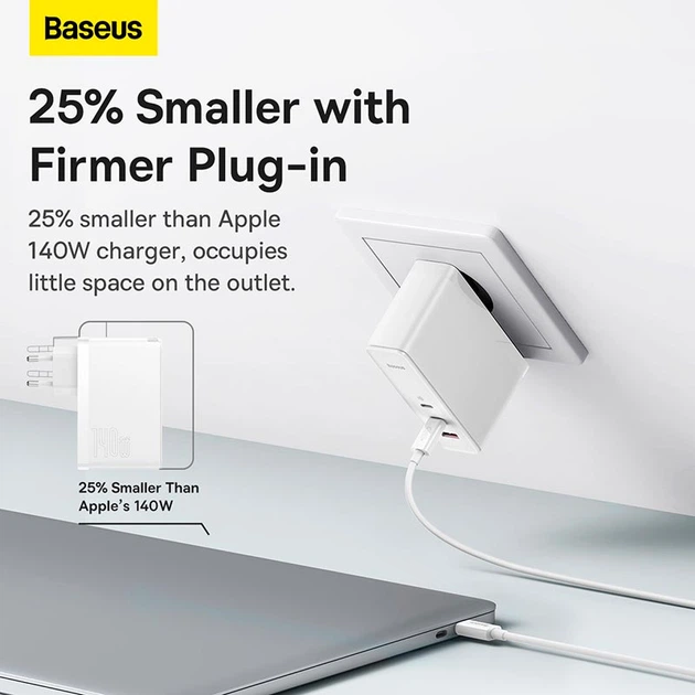 Адаптер сетевой Baseus Type-C to Type-C cable Gan5 Pro Fast Charger |1USB/2Type-C, PD/QC, 140W/5A| (CCGP100202) white - изображение 7