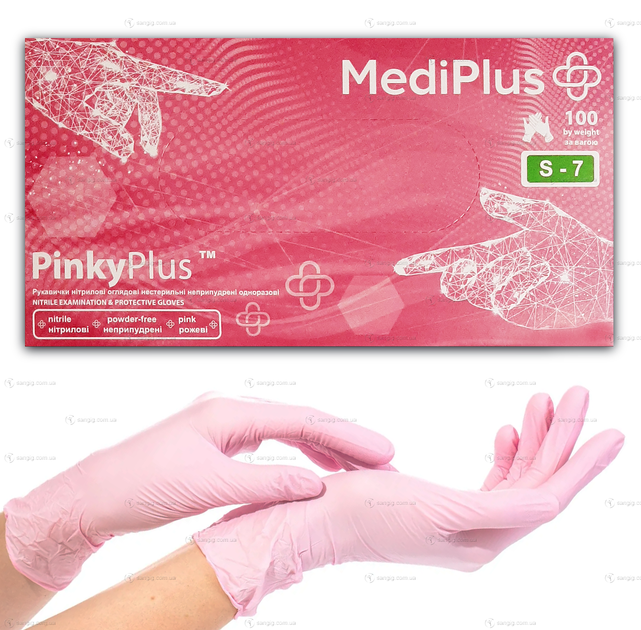 Нитриловые перчатки MediPlus, плотность 3.3 г. - розовые PinkyPlus (100 шт) S (6-7) - изображение 1