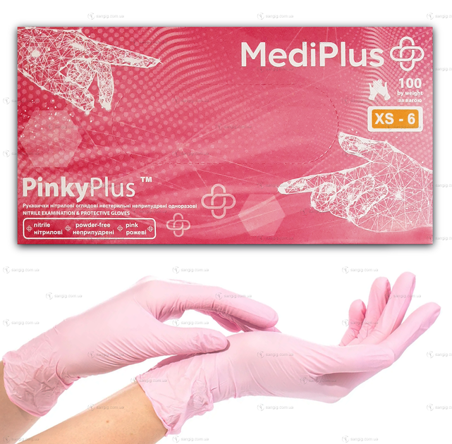 Нитриловые перчатки MediPlus, плотность 3.3 г. - розовые PinkyPlus (100 шт) XS (5-6) - изображение 1