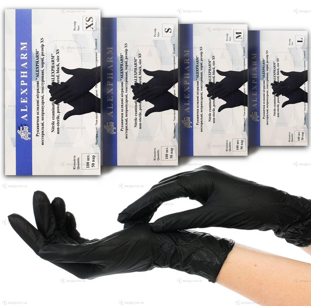 Нитриловые перчатки Alexpharm, плотность 3.4 г. - черные (100 шт) - изображение 1