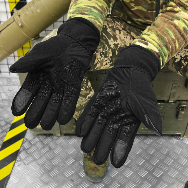 Плотные зимние перчатки на флисе с защитными накладками и антискользящим покрытием черные размер универсальный - изображение 2