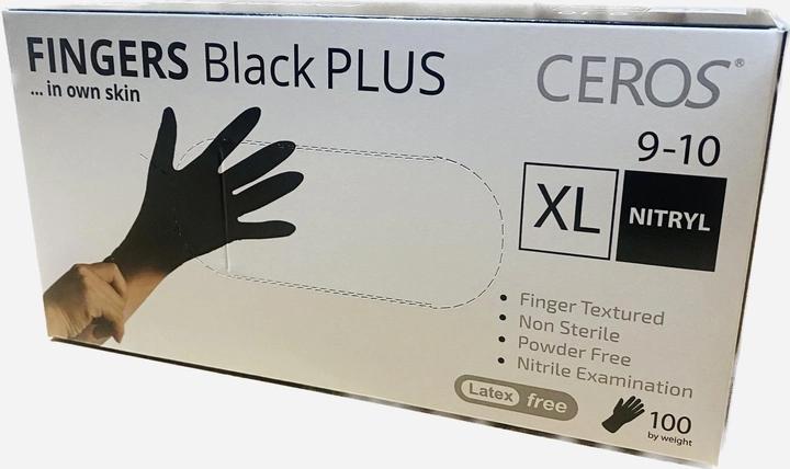 Рукавички нітрилові оглядові міцні Ceros Fingers Black Plus 5,5 грам розмір XL - изображение 1