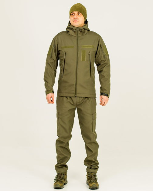 Костюм камуфляжний утеплений на флісі, куртка з капюшоном, тканина софтшелл, колір олива, 56 - зображення 1