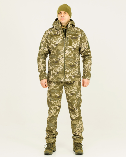 Костюм камуфляжный утепленный на флисе, куртка с капюшоном, ткань софтшелл пиксель, 48 - изображение 1