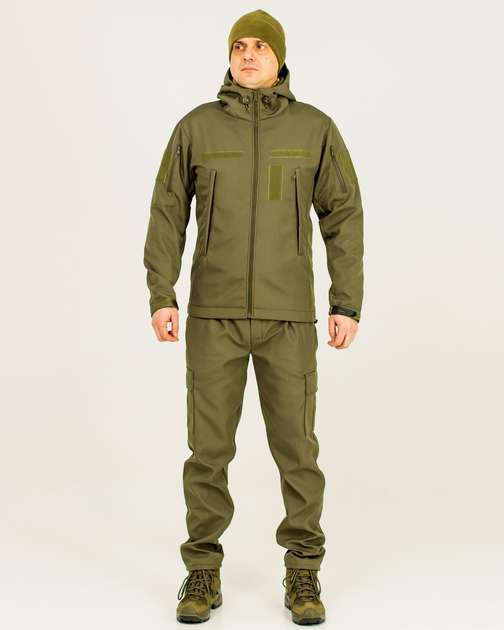 Костюм камуфляжний утеплений на флісі, куртка з капюшоном, тканина софтшелл, колір олива, 48 - зображення 1