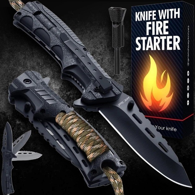 Нож Складной Карманный с огнивом и свистком Полуавтоматический FLINT - изображение 1