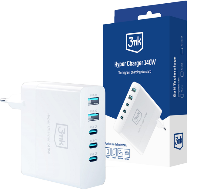 Зарядний пристрій 3MK Hyper Charger 140 W 3 USB-C 2 USB (5903108492379) - зображення 2