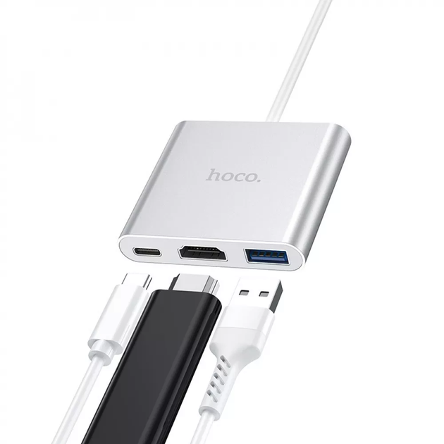 USB-хаб Hoco HB14 Easy Use Type-C to USB3.0/HDMI/PD 67Вт silver - Фото 2 USB-хаб Hoco HB14 Easy Use Type-C to USB3.0/HDMI/PD 67Вт silver - изображение 2