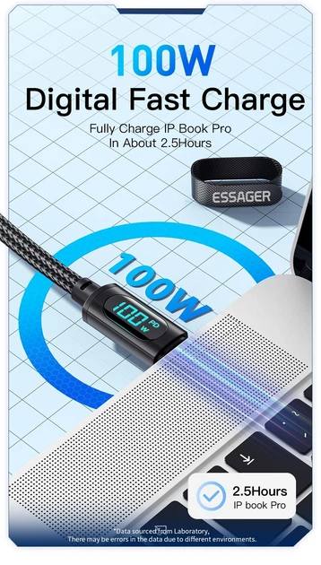100W кабель Essager Fast Charging Digital Display type-C PD 5A з дисплеєм 2 метра - изображение 8