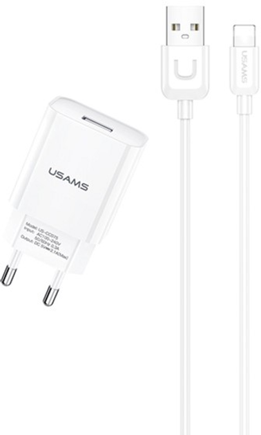 Ładowarka sieciowa Usams T21 USB 2.1 A Fast Charging biała + kabel USB - Lightning 1 m biały (6958444969916) - obraz 1