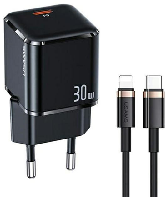 Мережевий зарядний пристрій Usams USAMS-UX T45 USB-C 30W PD 3.0 Fast Charging Black + кабель U63 USB-C - Lightning 1.2 м Black (6958444977348) - зображення 1