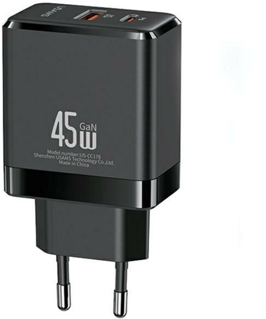Мережевий зарядний пристрій Usams US-CC178 T58 USB-C + USB 45W GaN PD 3.0 QC3.0 Fast Charging Black (6958444904658) - зображення 1