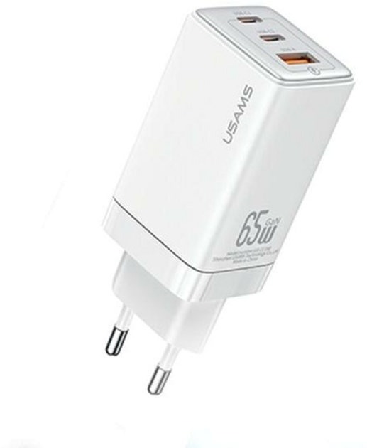 Мережевий зарядний пристрій Usams US-CC180 Sandru 2xUSB-C+USB 65W GaN PD 3.0 QC3.0 Fast Charging White (6958444905174) - зображення 1