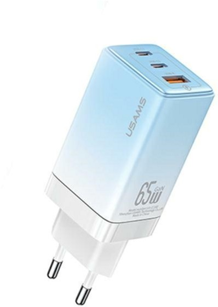 Мережевий зарядний пристрій Usams US-CC180 Sandru 2xUSB-C+USB 65W GaN PD 3.0 QC3.0 Fast Charging Blue-White (6958444905198) - зображення 1