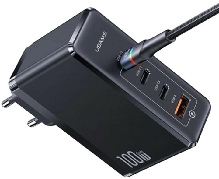 Мережевий зарядний пристрій Usams US-CC163 T50 3xUSB-C+1xUSB 100W GaN PD Fast Charging Black (6958444901367) - зображення 1