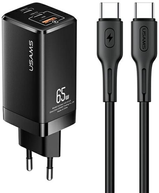 Мережевий зарядний пристрій Usams T33 2xUSB-C+USB 65W GaN PD Fast Charging Black + кабель USB-C - USB-C 30W Black (6958444927350) - зображення 1