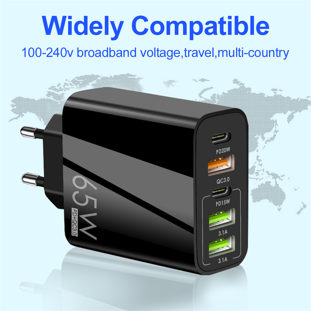 Сетевое зарядное устройство для быстрой зарядки 5 port 65W PD а000232 - Фото 6 Сетевое зарядное устройство для быстрой зарядки 5 port 65W PD а000232 - изображение 6