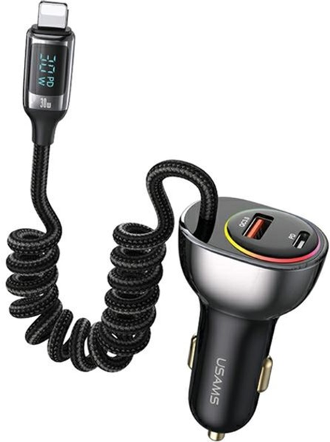 Автомобільний зарядний пристрій Usams C37 60W + кабель Ligtning 30W Fast Charge Black (6958444905129) - зображення 1
