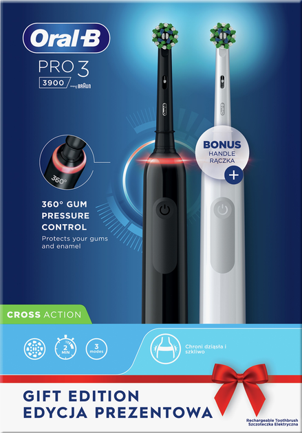 Zestaw elektrycznych szczoteczek Oral-B Pro3 3900 CrossAction Black+White - obraz 3