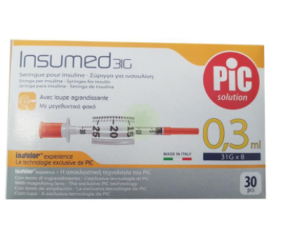 Insumed 0.3*8 мм 0.3 мл U-100 Инсулиновый шприц с интегрированной иглой 30G (упаковка 30 шт) - изображение 1