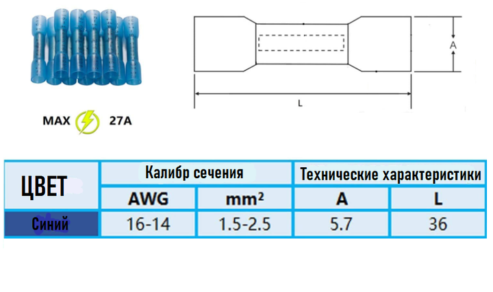 Набір термоусадочних гільз з міддю 1.5–2.5 мм² (A.W.G 16–14) 10 шт (H294) - Фото 3 Набір термоусадочних гільз з міддю 1.5–2.5 мм² (A.W.G 16–14) 10 шт (H294) - зображення 3
