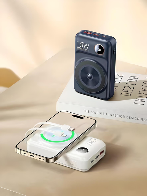 Портативний магнітний повербанк із вбудованими кабелями, Remax RPP-519, Power Bank MagSafe, 20000mAh, (blue) - зображення 5