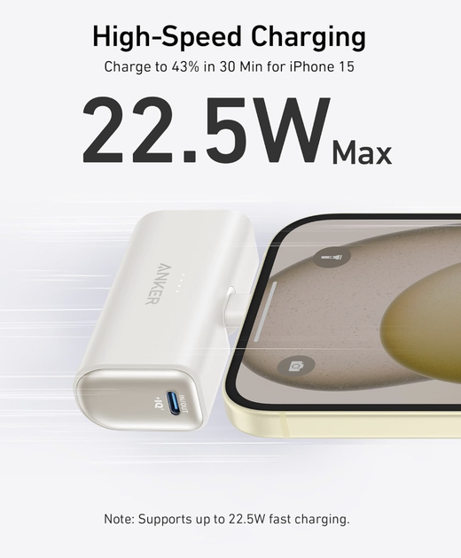 Универсальная батарея Anker Nano Power Bank со встроенным складным разъемом USB C 22.5W 5000 mAh для iPhone 15 / 16 / 17 Series (A12310) Shell White - изображение 3