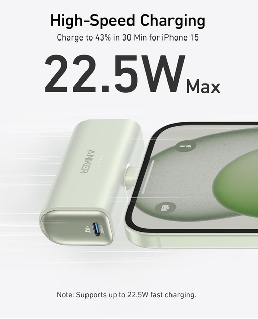 Универсальная батарея Anker Nano Power Bank со встроенным складным разъемом USB C 22.5W 5000 mAh для iPhone 15 / 16 / 17 Series (A12310) Sprout Green - изображение 2