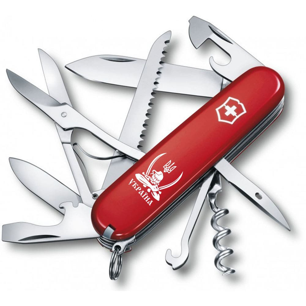 Швейцарский нож Victorinox HUNTSMAN UKRAINE 91мм/15 функций, красные накладки, Козак с саблями бел. - изображение 1