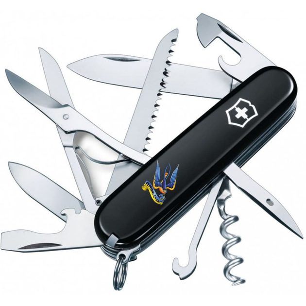 Швейцарский нож Victorinox HUNTSMAN UKRAINE 91мм/15 функций, черные накладки, Трезубец-Ласточка + Героям слава - изображение 1