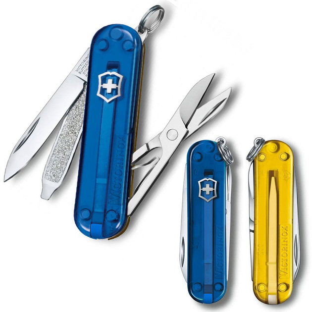 Швейцарский нож Victorinox CLASSIC SD UKRAINE 58мм/7 функций, сине-желтые полупрозрачные накладки - изображение 1